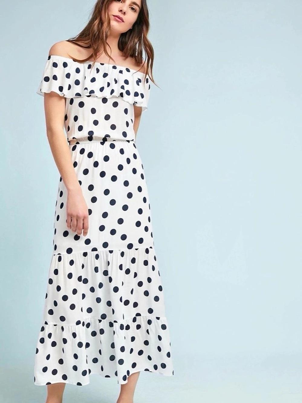 Three Dots Polka Dot Off-The-Shoulder Petite Dress Maxi Dress in White